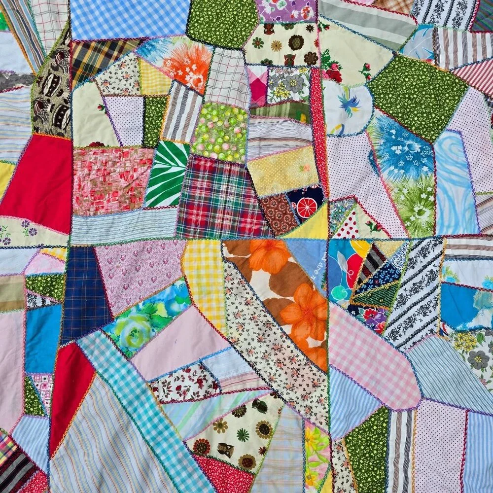 Vintage Crazy Quilt Top 1940s 50s Feedsack Patchwork Hand Embroidery 66x85